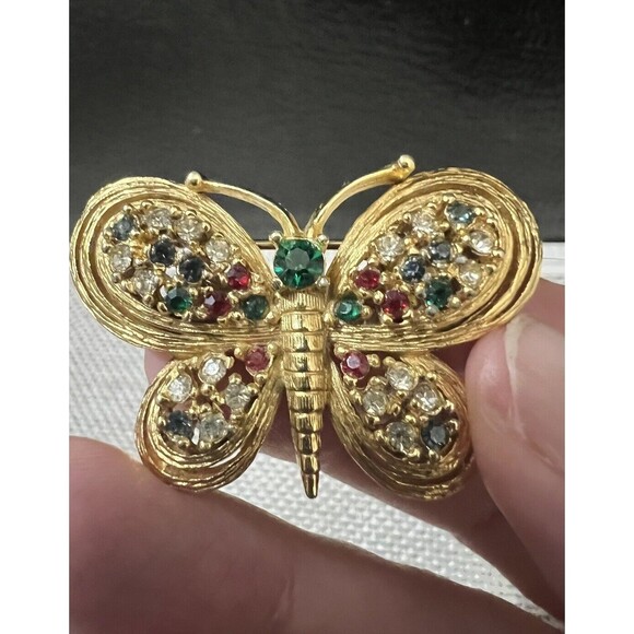 Vintage Butterfly Brooch Goldtone Rhinestone - Picture 1 of 9